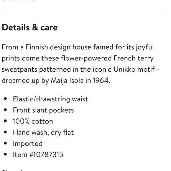 Marimekko Anthropologie varret Pieni unikko 2 French terry Wide Leg sweatpants L - Picture 10 of 10